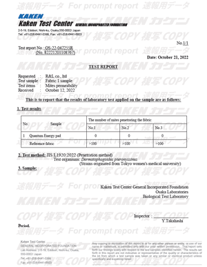 picture of certificate of mites permeability test on Biomat Quantum Energy Pad